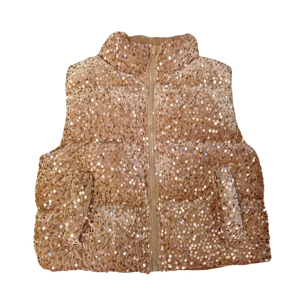 GeeGee Rose Gold Sequin Puffer Vest Sleeveless Quilted Jacket NWT